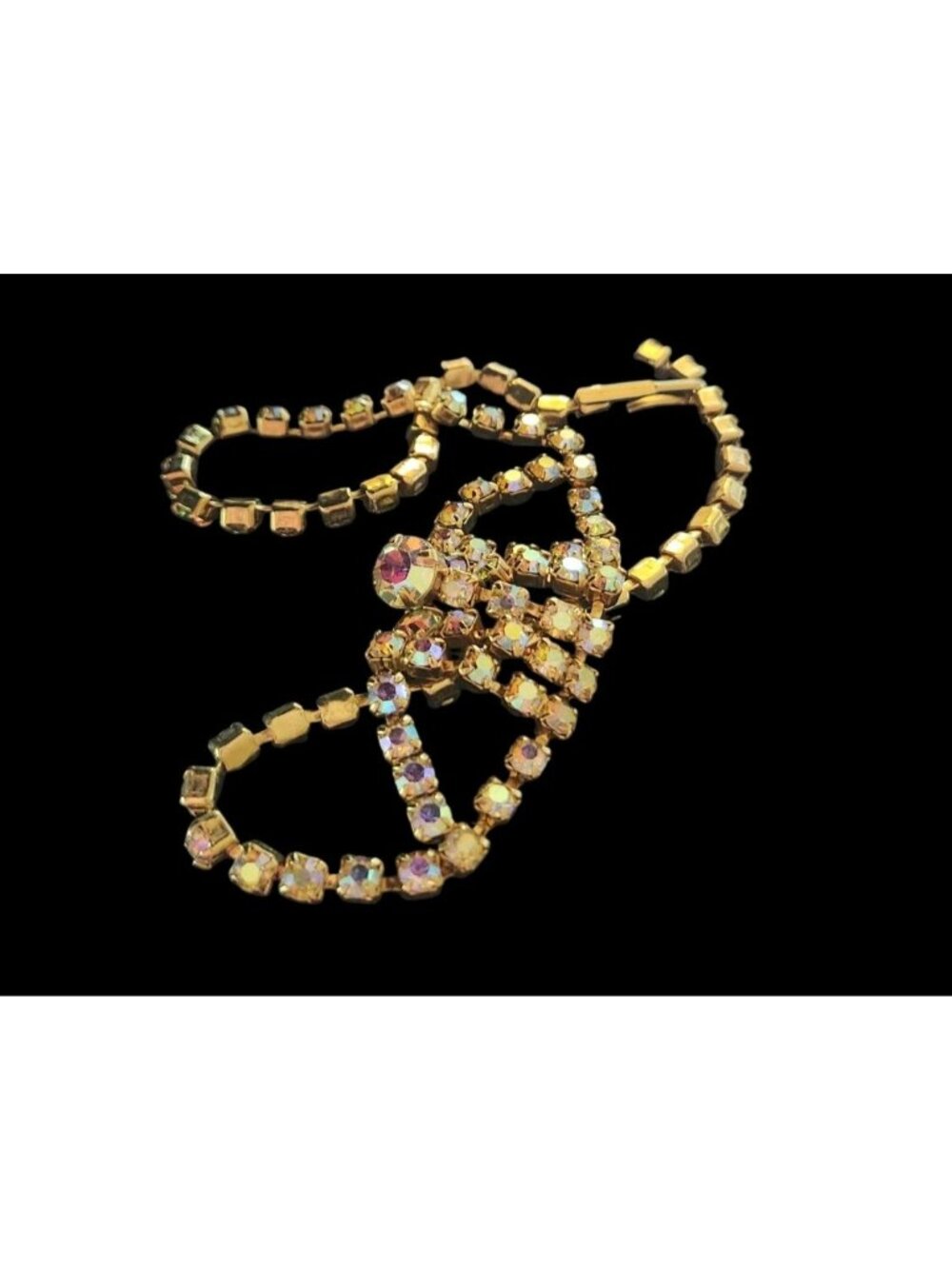 Vintage Aurora Borealis Rhinestone Necklace Gold-Tone Adjustable Length Statemen